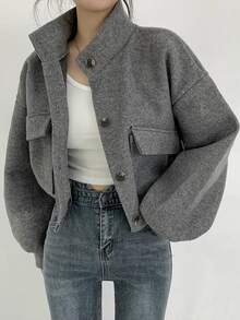 Cool guapo versión coreana del nuevo otoño e invierno cuello nicho sección corta perezoso viento suelto casual tweed tweed chaqueta de la blusa de las mujeres - Gris - Ver 1