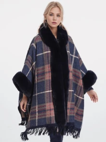 1pc Plus Size Hooded Cardigan With Fringes, Plaid Pattern, Knitted Poncho Shawl