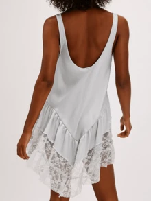 Women's Summer Sleevelesss Dress Lace Patchwork Deep U-Neck Backless Mini Loose Dress - 淺灰色 - 查看 4