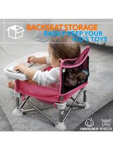 Asiento elevador para bebés, Silla De Comedor Para Bebe Desmontable con Ajuste, asiento elevador plegable portátil con bandeja extraíble y bolsa de viaje para comer, acampar y viajar - Rosa - Ver 4