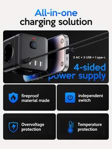 1pc 7-In-1 Multifunctional Power Strip, Equipped With Surge Protector, 3 EU Power Sockets, 3 USB-A Ports, 1 USB-C Port, Wall Adapter With Overload Protection And Independent Switch, Suitable For Home, Office, Travel, Bedroom, Gaming Room And More
