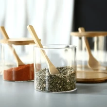 3 PCS Stylish Simple Condiment Canisters Pots Set, Decorative Storage Seasoning Glass Container Box With Bamboo Spoon Lid And Base For Home Kitchen Café Storing Salt Sugar Pepper Spice - Trong sáng - Xem 10