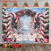 Banner plat 2D: Arc de bastoane de bomboane roșii de iarnă, alee de pădure înzăpezită decorată cu roșu și alb, fundal de petrecere de sărbători în interior/exterior - 1 - Vizualizare 2