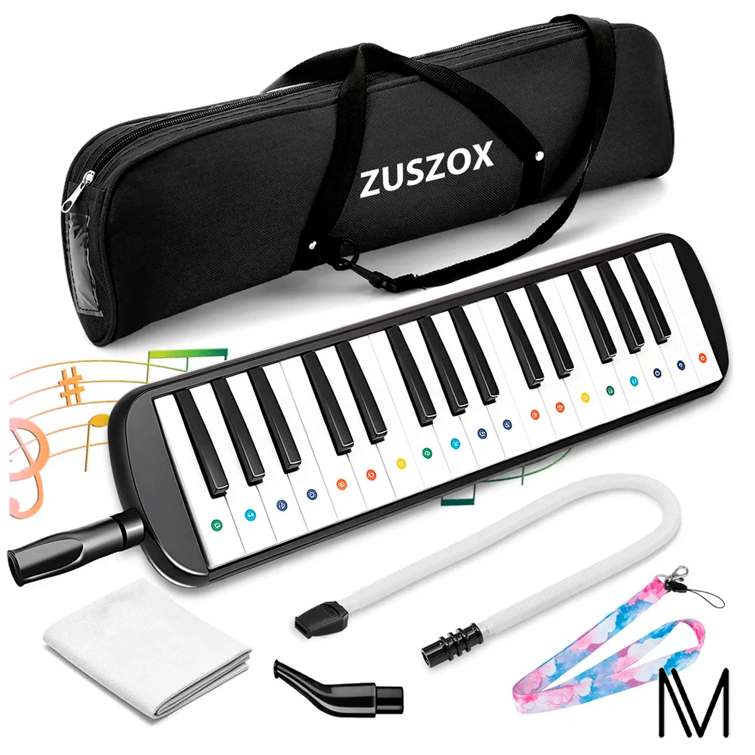 Melodica Escolar 32 Tecla Instrumento Con Estuche, Piano De Aire Melódica Con Teclado Pianica Con 1 Tubo Largo Suave, 1 Boquilla Corta, Pegatinas De Notas Musicales Y Cordones - Negro - Ver 1