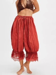 Womens Cropped Pants Loose Mid Rise Patchwork Lace Lantern Trousers Casual Streetwear - 橘色 - 查看 1