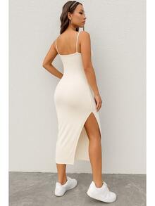 Viscolycra Spaghetti Strap Dress With Side Slit - Champagne - View 2