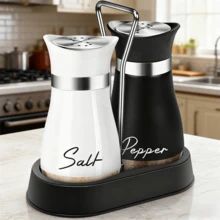 3 Pieces Set (Holder+2 Cans) Salt And Pepper Jar Seasoning Bottle, Salt Bottle, Pepper Bottle Can Be Used For Christmas Gifts, Kitchen Supplies, Multiple Colors To Choose From, Kitchen Household Seasoning Bottle, Kitchen Bottom Seasoning Bottle