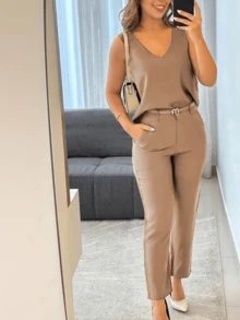 Women's Blouse And Pants Set - Khaki - View 2