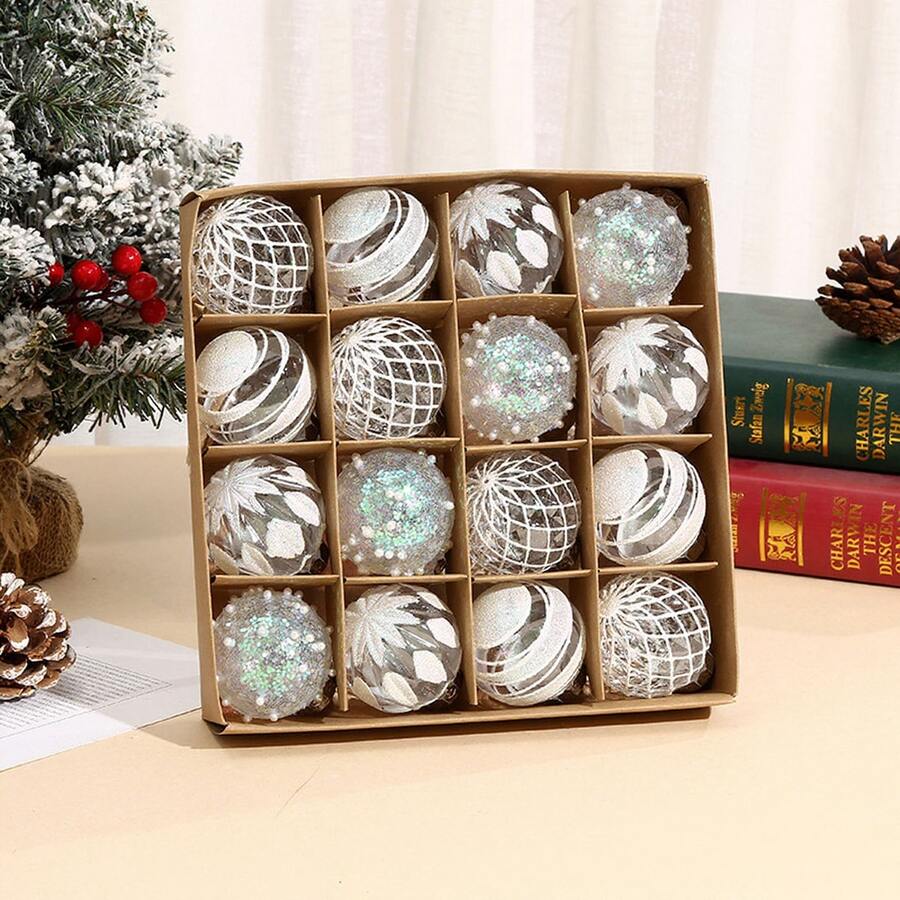 16 Pcs/Box Christmas Balls Ornaments Set, 2.36 Inch Shatterproof Plastic Hanging Balls For Xmas Tree Decorations Holiday Party (White) - B2 - View 1