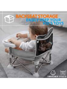 Asiento elevador para bebés, Silla De Comedor Para Bebe Desmontable con Ajuste, asiento elevador plegable portátil con bandeja extraíble y bolsa de viaje para comer, acampar y viajar - Gris - Ver 4