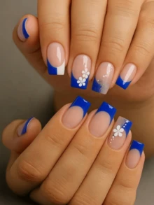 Adesivos de Unha Estilo Francês, 24 Peças Destacáveis de Adesivos de Unha Postiça, Série Azul de Adesivos de Unha Estilo Francês. Adequado para Mulheres, para Uso Diário, Encontros e Festas. Uma Bela Arte de Unhas também é o Melhor Presente para Amigos.