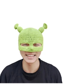 1pc Cute Green Animal Cartoon Full Head Knit Hat With Ears And Mask, Fun Halloween Costume Prop - Green - View 1
