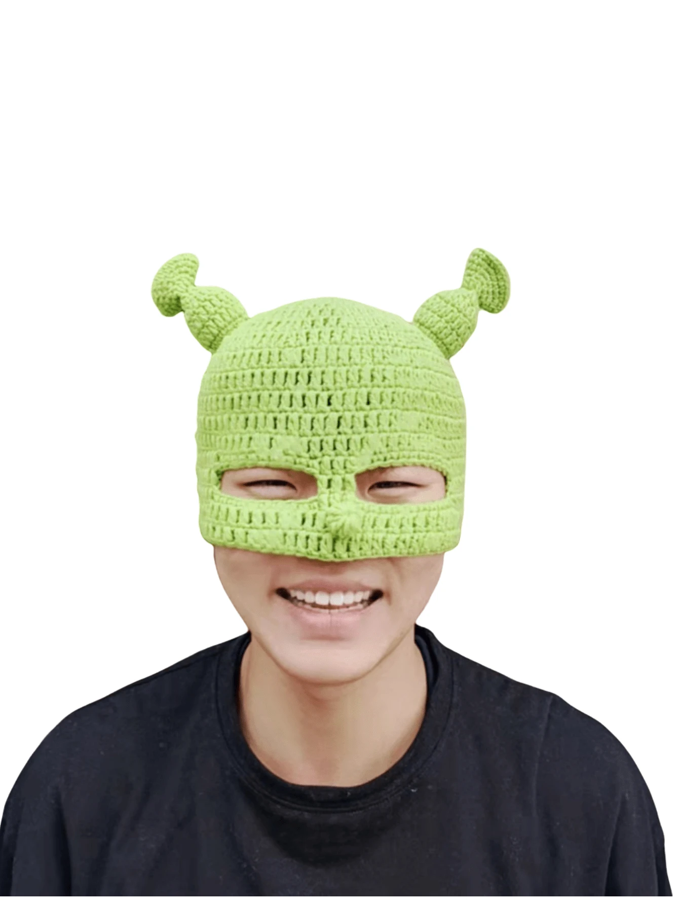 1pc Cute Green Animal Cartoon Full Head Knit Hat With Ears And Mask, Fun Halloween Costume Prop - Green - View 1