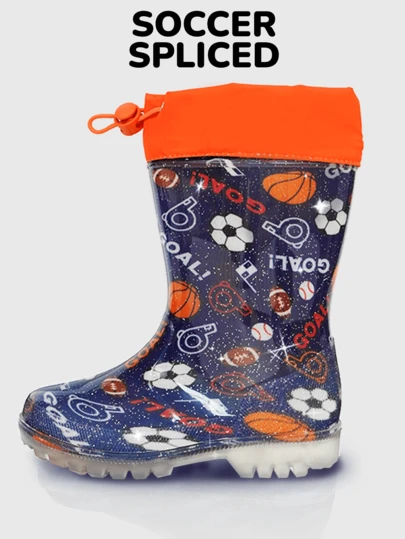 Botas de lluvia para niños con lindo diseño de dibujos animados, botas de PVC con cordones y elástico, botas brillantes para niños adecuadas para jugar al aire libre