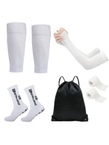 5 buc/set șosete de fotbal până la jumătatea gambei + mâneci de protecție solară + huse de protecție pentru șosete + curele sport + rucsac cu șnur, șosete adezive antiderapante pentru antrenament profesional pentru bărbați și femei, potrivite pentru jocuri cu mingea, activități în aer liber pentru alergare