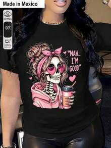 1 camiseta unisex estampada de corte relajado, estilo de moda de dibujos animados, personaje de calavera con moño rizado NAH, adecuada para ocasiones como vacaciones de verano, Halloween y el Día de la Independencia de México. - Negro - Ver 1