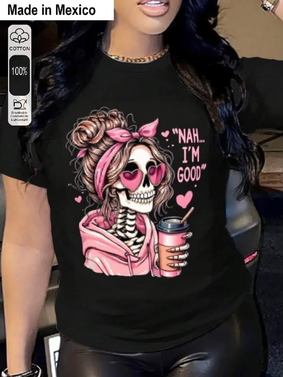 1 camiseta unisex estampada de corte relajado, estilo de moda de dibujos animados, personaje de calavera con moño rizado NAH, adecuada para ocasiones como vacaciones de verano, Halloween y el Día de la Independencia de México. - Negro - Ver 1