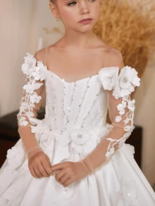 1pc Kid Girls Lace Appliques Flower Girl Dress Long Sleeves Long Wedding Dress, A Line Satin White Pageayh Dress, All Seasons, Halloween Gift, Elegayh And Comfortable,Girl Formal Dress,Toddler Dress,Wedding Dress, Kids Birthday Party Ball Gown, Perfect Holiday Gift, Flower Girl Dress For Wedding Tulle First Communion Dress Girls Princess Pageayh Dresses Lace Appliques Ball Gown Prom Party Dress Kids Formal Bridesmaid Wedding - Light Blue - View 2