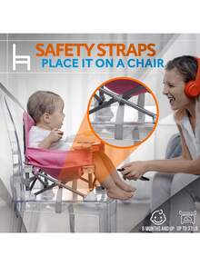 Asiento elevador para bebés, Silla De Comedor Para Bebe Desmontable con Ajuste, asiento elevador plegable portátil con bandeja extraíble y bolsa de viaje para comer, acampar y viajar - Rosa - Ver 3