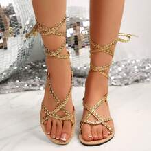 Women's Fairy Style Criss-Cross Woven Flat Gladiator Sandals, Fashion & Comfortable Outdoor Party Open Toe Sandals With Lace-Up Leg Wrap Design For Summer
