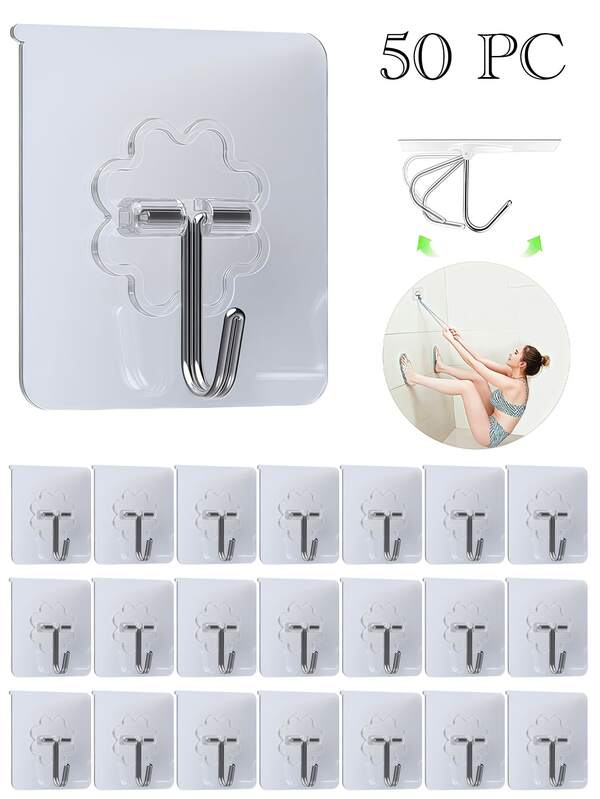 50 قطعة من الخطاطيف الشفافة اللاصقة القوية المثبتة على الحائط، خطاطيف معلقة مقاومة للماء وخالية من المسامير مناسبة لمواد السطح المختلفة، إكسسوارات حمام، خطاطيف تعليق الحمام، خطاطيف تخزين الحمام، خطاطيف تعليق الباب، خطاطيف للحائط
