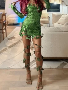 Women's Deluxe Ivy Themed Costume Sleeveless Fake Leaves Sequin Dress With Gloves Set For Halloween Cosplay Party