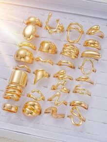 17KM 29pcs Simple Metal Asymmetrical Geometric Vintage Coin Chunky Jewelry Set, Unboxed, Neutral Style For Holiday, Date, Daily, Party, Birthday Gift For Friends, Girlfriend, Mom - Yellow Gold - View 6
