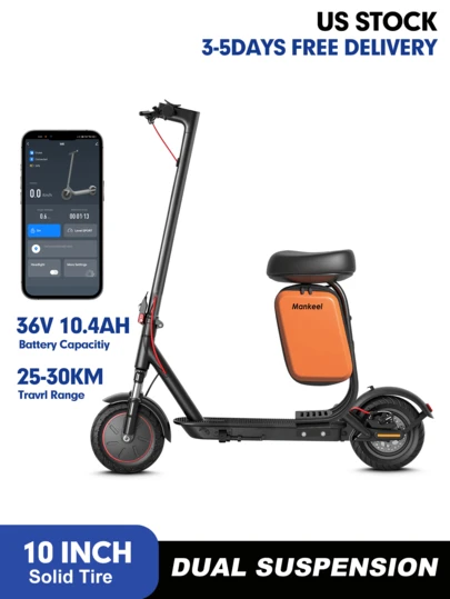 Mankeel Foldable E-Scooter With 350W Power, Features Dual Suspension And 10-Inch Solid Tires, Reaches 19 MPH Top Speed With 25-Mile Range, Equipped With E+ Disc Brakes And APP Connectivity, Ideal For Commuting, Outdoor Riding, And As A Gift For Adults, Teens, Couples, Birthdays, And Christmas, Thanksgiving Gifts