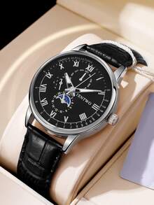 3pcs/Set Men's Business Quartz Watch Suit: Classic PU Leather Strap, Round Dial, Durable Design - Fashion Braided Bracelet + Bullet Necklace, Perfect Gift For Him - Black - View 3