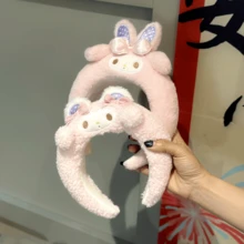 1pc Sanrio Melody Pink Rabbit Ear Headband, Cute Plush Hair Hoop For Washing Face, Cartoon Embroidered Soft Adjustable Hair Band, Suitable For Bathroom, Shopping, Performance, Party