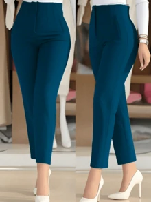 Elegant High Waist Solid Color Slim Fit Cropped Pants Spring - Peacock Blue - View 2