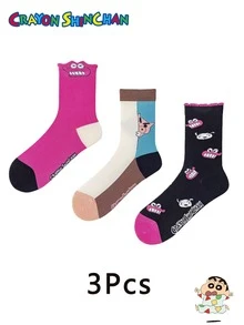 CRAYON SHINCHAN 3 أزواج من الجوارب ذات نمط الرسوم المتحركة الكرتونية لشين تشان، مناسبة للأزياء اليومية للنساء وكهدايا لحفلات المناسبات