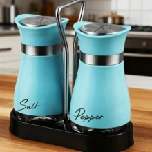 3 Pieces Set (Holder+2 Cans) Salt And Pepper Jar Seasoning Bottle, Salt Bottle, Pepper Bottle Can Be Used For Christmas Gifts, Kitchen Supplies, Multiple Colors To Choose From, Kitchen Household Seasoning Bottle, Kitchen Bottom Seasoning Bottle