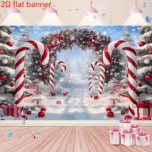Banner plat 2D: Arc de bastoane de bomboane roșii de iarnă, alee de pădure înzăpezită decorată cu roșu și alb, fundal de petrecere de sărbători în interior/exterior - 1 - Vizualizare 5