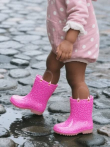 粉色幼儿儿童雨靴女童带手柄防水靴心形图案雨鞋户外雨季玩耍 - 粉色 - 查看 7