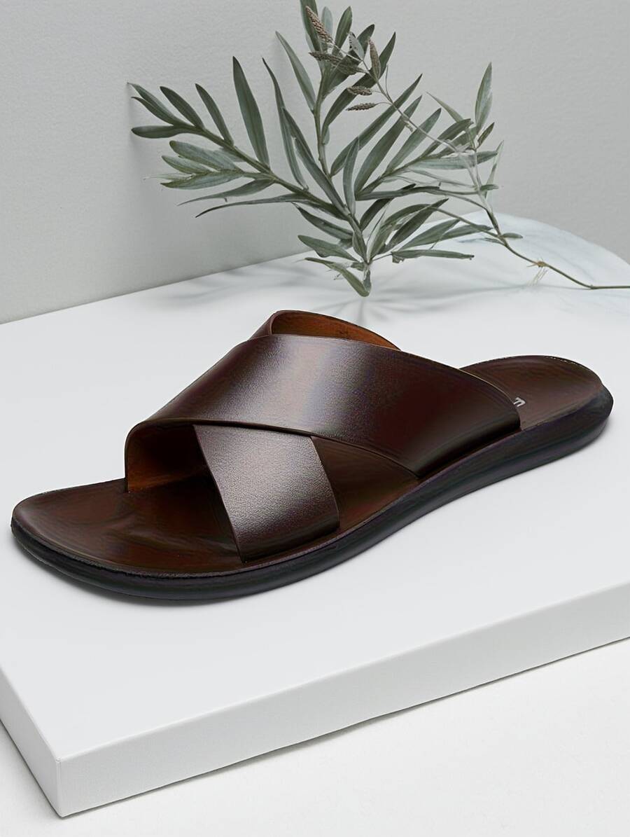 Men's Casual Slide Sandals Faux Leather Cross Strap Open Toe Non Slip Flat Sole Comfort Footwear For Summer Beach Daily Outdoor Wear - 棕色 - 查看 1
