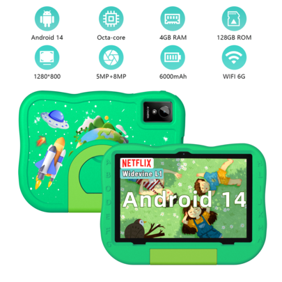 Qetupa Kids Tablet,10.1inch Android 14 Tablet For Kids With A523 Octa-Core 2.0GHz, 4GB RAM+128GB ROM,Wifi 2.4g+6g Wireless,HD 11(1280*800) IPS Touch Screen,5MP+8MP Dual Camera,6000mAh Battery,1TB SD Expansion,BT5.4&802.11ac,Parental Control, Education APP – Great For Christmas & Halloween Kids' Activities