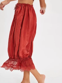 Womens Cropped Pants Loose Mid Rise Patchwork Lace Lantern Trousers Casual Streetwear - 橘色 - 查看 2