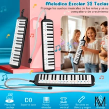Melodica Escolar 32 Tecla Instrumento Con Estuche, Piano De Aire Melódica Con Teclado Pianica Con 1 Tubo Largo Suave, 1 Boquilla Corta, Pegatinas De Notas Musicales Y Cordones - Negro - Ver 2