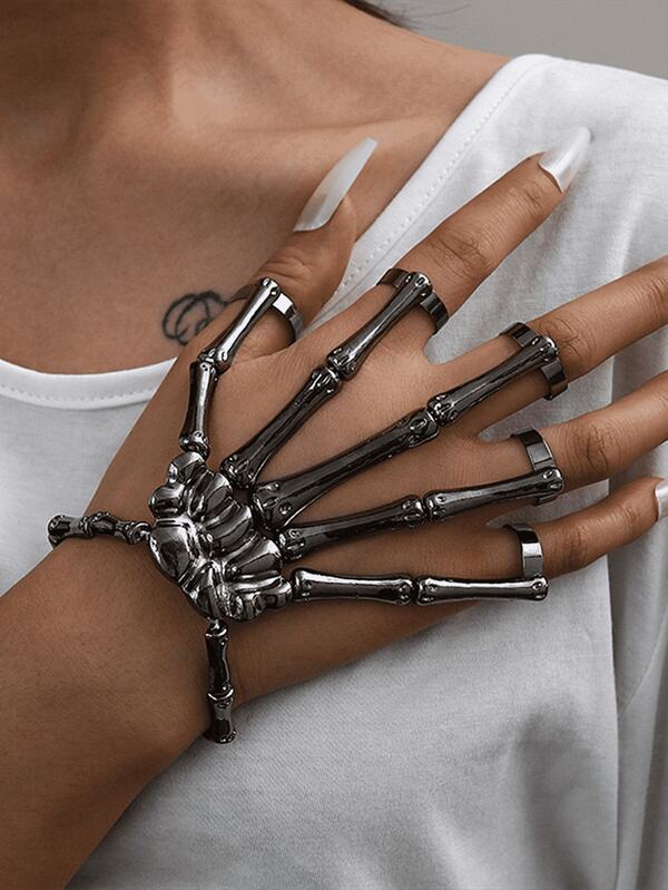 Fashionable Punk Skeleton Bone Versatile Adjustable Five-Finger Ring Bracelet Set