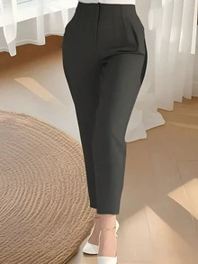 女士休闲纯色拉链前斜插口袋缝线修身长裤 春季 - 深灰色 - 查看 3