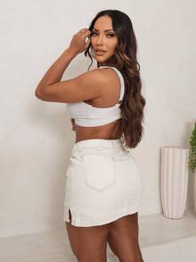 Shorts And Jeans Skirt With Small Side Slit - 香檳色 - 查看 3