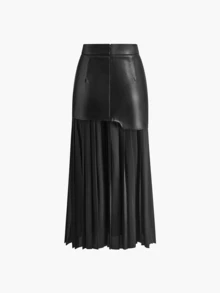 Long Pleated Skirt Women, Summer Faux Leather Patchwork Bodycon Skirt - Black - View 6