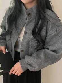 Cool guapo versión coreana del nuevo otoño e invierno cuello nicho sección corta perezoso viento suelto casual tweed tweed chaqueta de la blusa de las mujeres - Gris - Ver 4