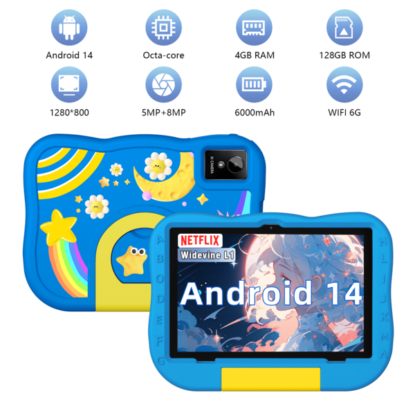 Qetupa Kids Tablet,10.1inch Android 14 Tablet For Kids With A523 Octa-Core 2.0GHz, 4GB RAM+128GB ROM,Wifi 2.4g+6g Wireless,HD 11(1280*800) IPS Touch Screen,5MP+8MP Dual Camera,6000mAh Battery,1TB SD Expansion,BT5.4&802.11ac,Parental Control, Education APP – Great For Christmas & Halloween Kids' Activities