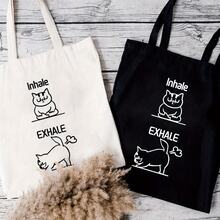 [Variation In Color Is A Normal Craftsmanship Phenomenon, Not A Defect]Cute Cat Handbag Cat Theme Tote Bag, Ideal Gift For Friends, Birthday, New Year, Inhale Exhale Printed Handbag Large Capacity  Simple Style Durable Tote Bags For Outdoor Picnic, Party, Traveling, Shopping - Black - View 1
