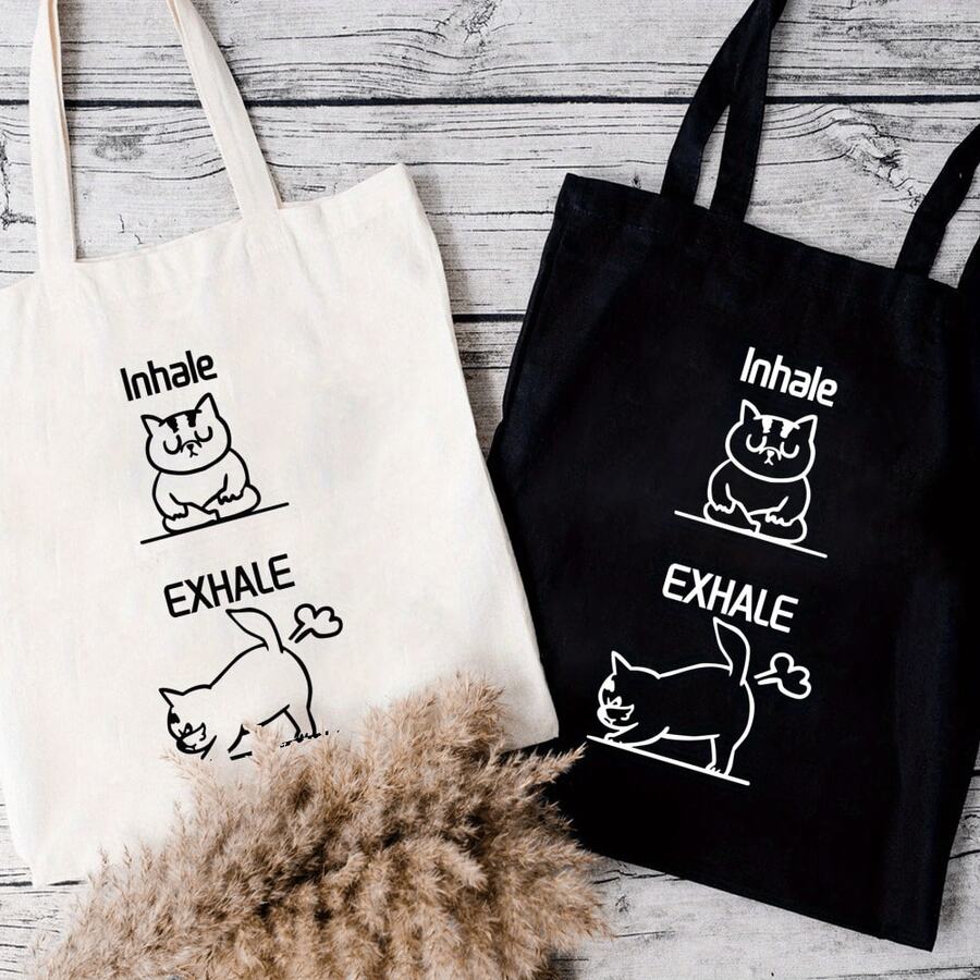 [Variation In Color Is A Normal Craftsmanship Phenomenon, Not A Defect]Cute Cat Handbag Cat Theme Tote Bag, Ideal Gift For Friends, Birthday, New Year, Inhale Exhale Printed Handbag Large Capacity  Simple Style Durable Tote Bags For Outdoor Picnic, Party, Traveling, Shopping - Black - View 1