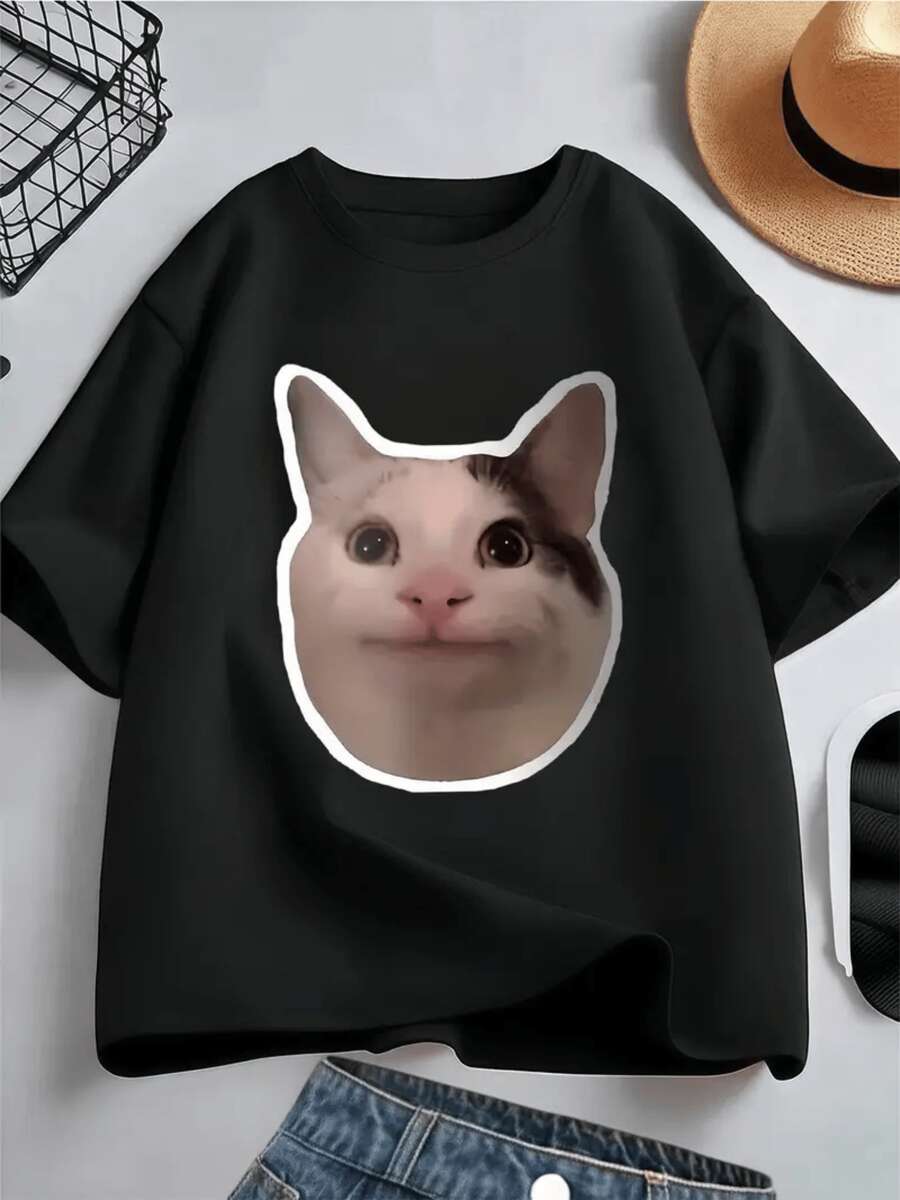 Camisetas Para Adolescentes Chicas Cute Gato Sonriente. El Presenta Un Amigable Gato Con Ojos Grandes Y Expresión Divertida ?Perfecta Para Un Look Casual! - Negro - Ver 1