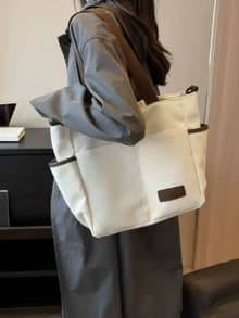 Simple Solid Color Canvas Tote Bag For Women, Large Capacity Crossbody Bag, Portable Travel Shoulder Bag, Casual Satchel Bag For Outdoor Travel Or Commuting Work, Vintage Multi-Pocket Handbag All-Match Square Bags For School