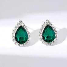 Retro Tear Drop Crystal Rhinestone Earring Stud For Women 1 Pair - Dark Green - View 4